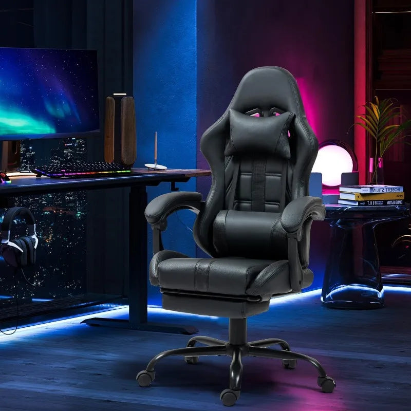 Massage Gaming Chair with Footrest – Ergonomic High-Back PC Chair with Headrest & Lumbar Support (Black) - Image 2