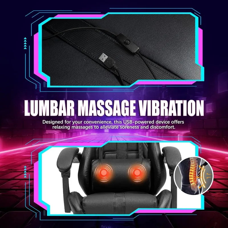 Massage Gaming Chair with Footrest – Ergonomic High-Back PC Chair with Headrest & Lumbar Support (Black) - Image 5