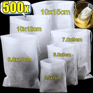 500/50pcs Disposable Tea Filter Bags – Non-Woven Fabric with Drawstring for Tea, Coffee & Spices